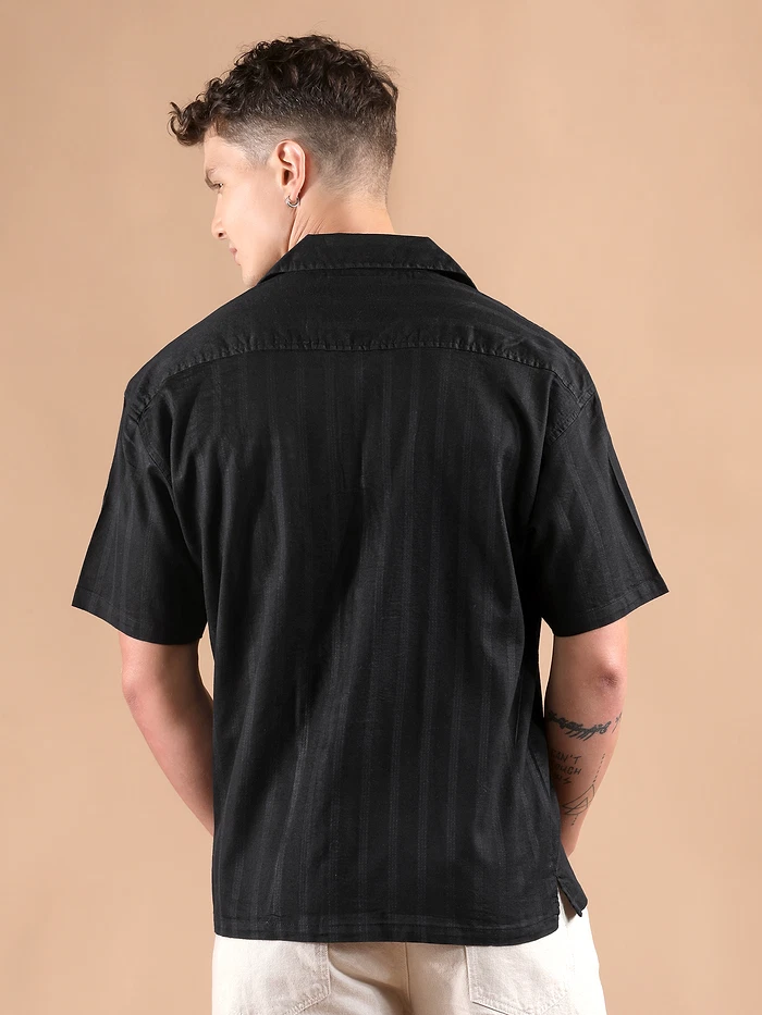 Black Half Sleeve Cuban Collar Shirt